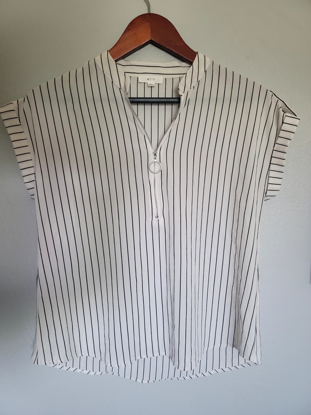 mine White and Black Vertical-Stripe Zip-Front Cap Sleeve Top